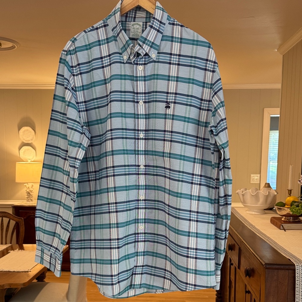 BROOKS BROTHERS Men’s Milano Light Blue, Navy & Teal Plaid Button-Down Shirt LRG